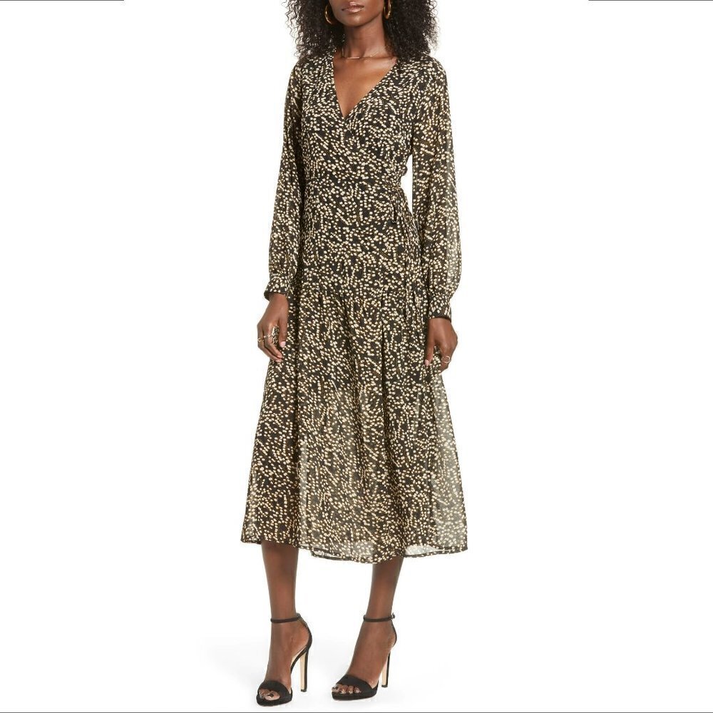 All in Favor wrap midi dress georgette black tan floral long sleeve new X-Small